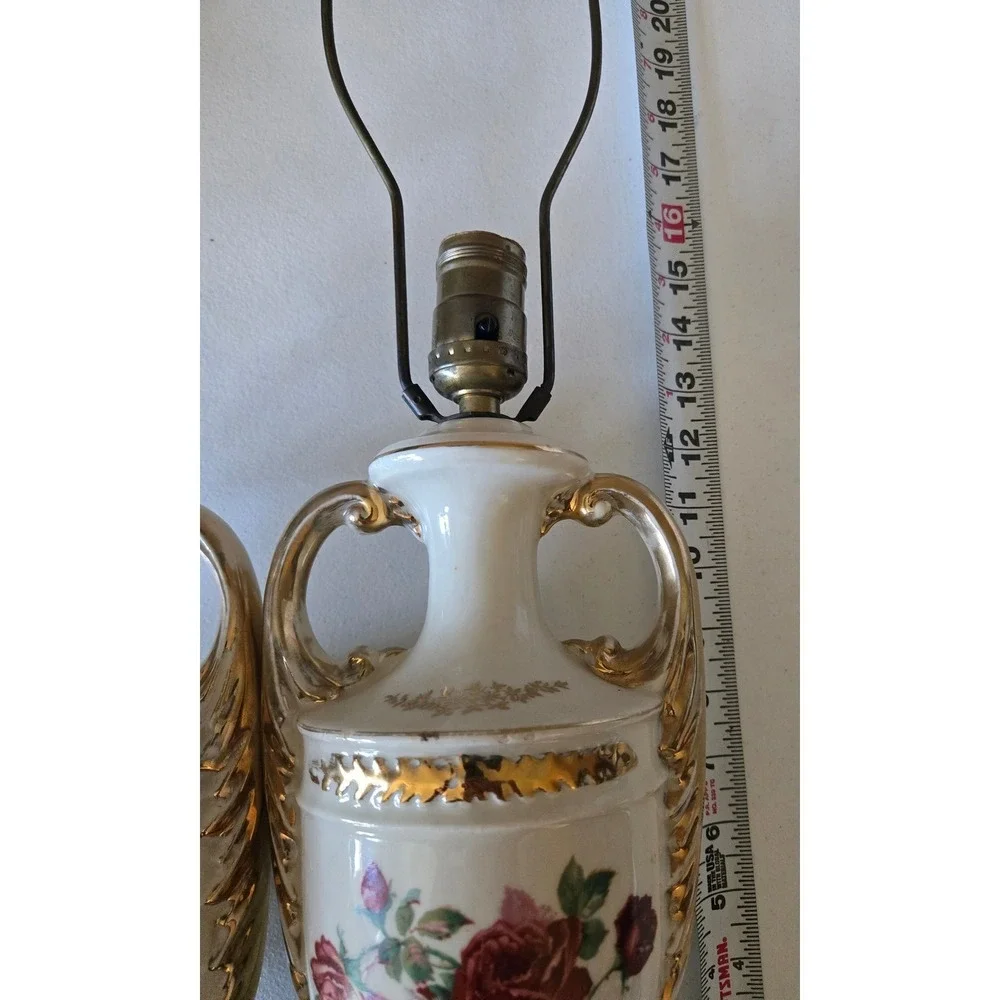 Vintage Pair Floral Porcelain Urn Table Lamps White Gold Roses Hollywood Regency